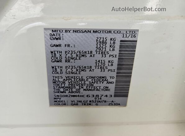 5N1DR2MM4HC638743 2017 NISSAN PATHFINDER White Widok naklejki z numerem VIN