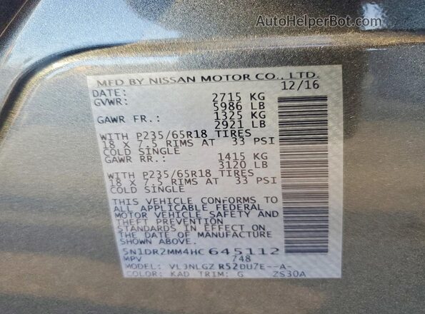 5N1DR2MM4HC645112 2017 NISSAN PATHFINDER Gray VIN sticker view