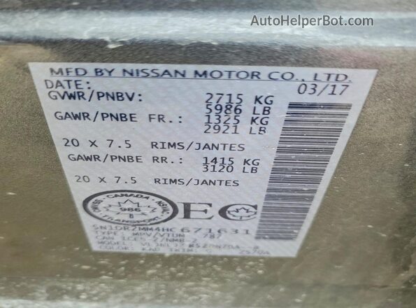 5N1DR2MM4HC671631 2017 NISSAN PATHFINDER Gray Вид наклейки з VIN-кодом