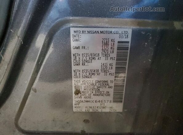 5N1DR2MM4JC646573 2018 NISSAN PATHFINDER Gray Vista de la etiqueta del VIN