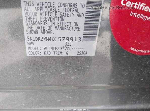 5N1DR2MM4KC579913 2019 NISSAN PATHFINDER Gray ძრავის განყოფილების ხედი