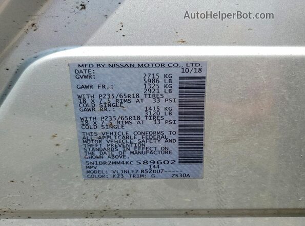 5N1DR2MM4KC589602 2019 NISSAN PATHFINDER Silver VIN sticker view