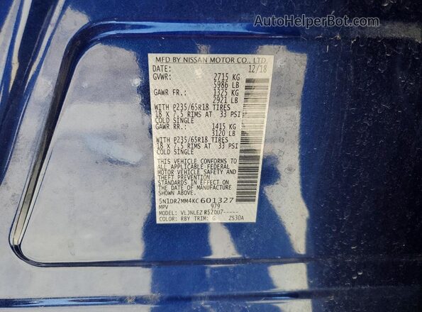 5N1DR2MM4KC601327 2019 NISSAN PATHFINDER Blue Vista del compartimento del motor