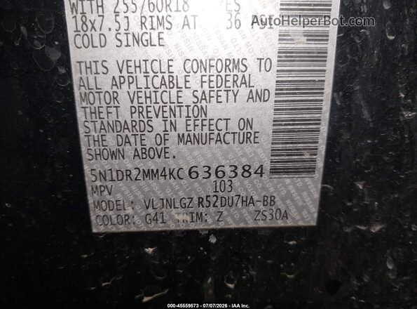 5N1DR2MM4KC636384 2019 NISSAN PATHFINDER Black Widok komory silnika
