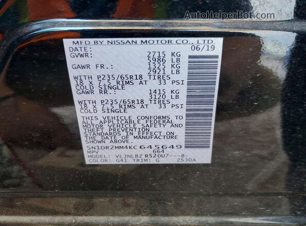 5N1DR2MM4KC645649 2019 NISSAN PATHFINDER Black VIN կոդի պիտակի տեսք