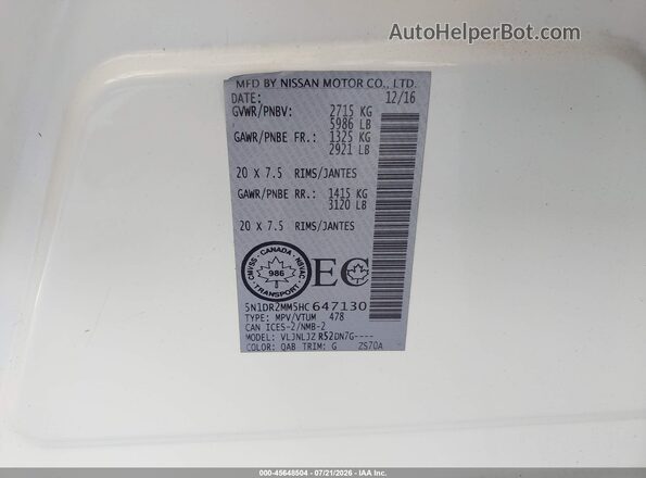 5N1DR2MM5HC647130 2017 NISSAN PATHFINDER White Вид підкапотного простору