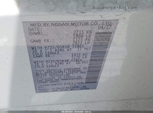 5N1DR2MM5HC683206 2017 NISSAN PATHFINDER White ძრავის განყოფილების ხედი