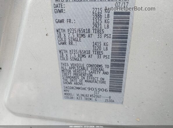 5N1DR2MM5HC905906 2017 NISSAN PATHFINDER Silver Widok komory silnika