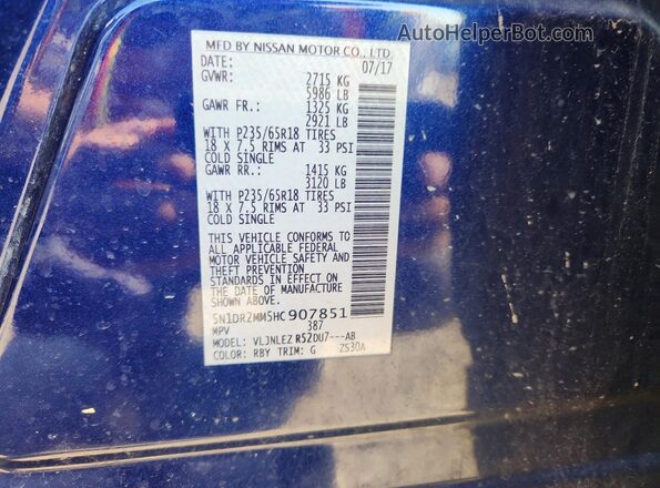 5N1DR2MM5HC907851 2017 NISSAN PATHFINDER Blue VIN sticker view