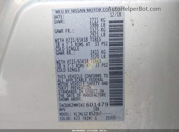 5N1DR2MM5KC601479 2019 NISSAN PATHFINDER Silver Շարժիչի բաժամունքի տեսք