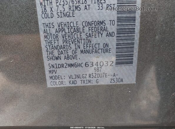 5N1DR2MM6HC634032 2017 NISSAN PATHFINDER Gray ძრავის განყოფილების ხედი