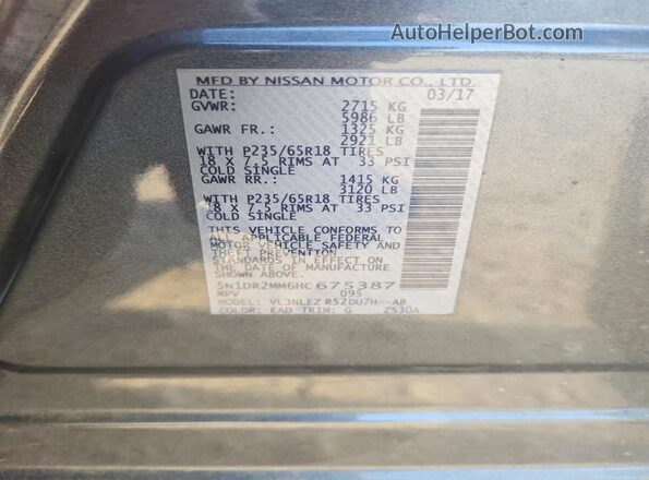 5N1DR2MM6HC675387 2017 NISSAN PATHFINDER Gray VIN sticker view