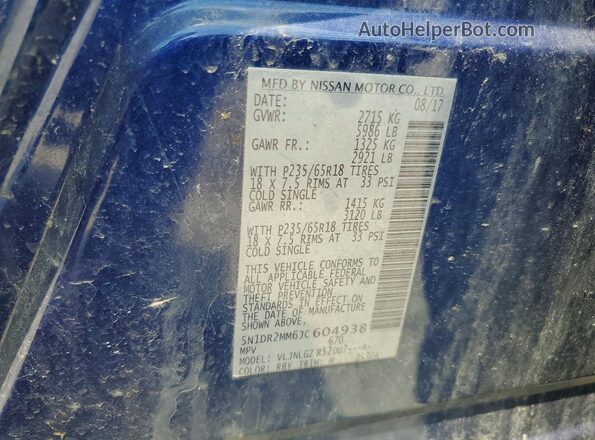 5N1DR2MM6JC604938 2018 NISSAN PATHFINDER Blue VIN კოდის სტიკერის ხედი