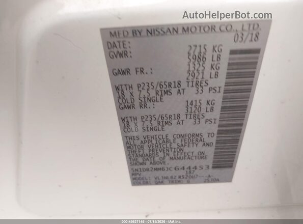 5N1DR2MM6JC644453 2018 NISSAN PATHFINDER Белый Вид подкапотного пространства