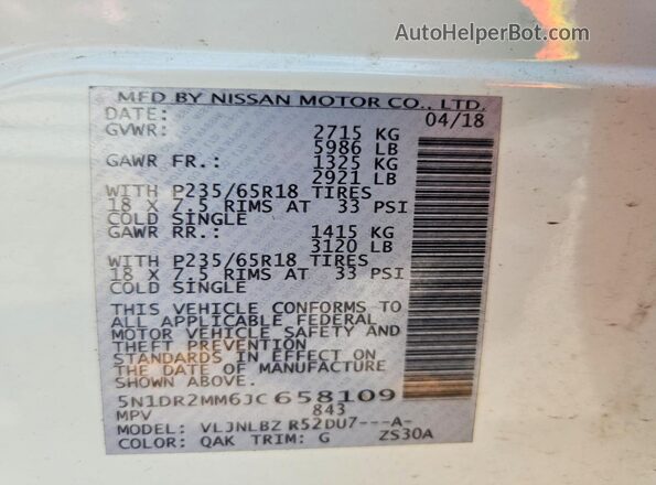 5N1DR2MM6JC658109 2018 NISSAN PATHFINDER White Vista de la etiqueta del VIN