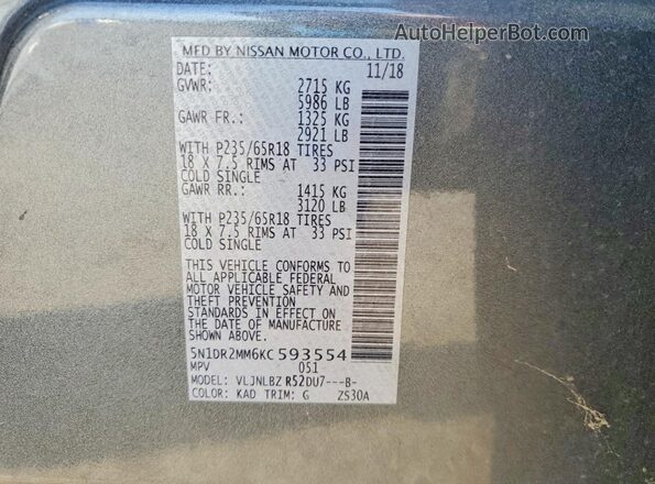 5N1DR2MM6KC593554 2019 NISSAN PATHFINDER Gray Widok wnętrza 360 stopni