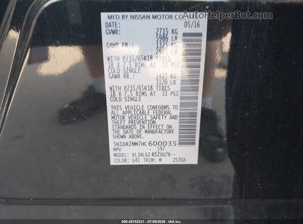 5N1DR2MM7HC600035 2017 NISSAN PATHFINDER Black Widok komory silnika