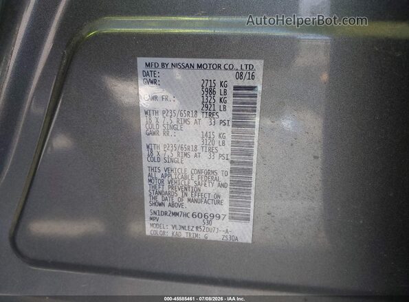 5N1DR2MM7HC606997 2017 NISSAN PATHFINDER Gray Շարժիչի բաժամունքի տեսք