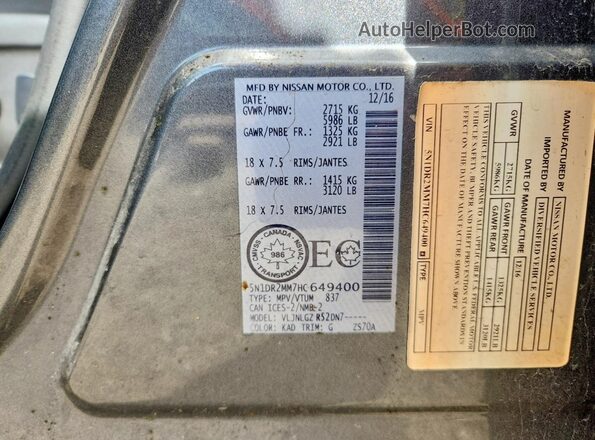 5N1DR2MM7HC649400 2017 NISSAN PATHFINDER Gray Widok naklejki z numerem VIN