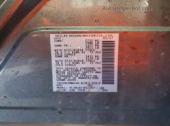 5N1DR2MM7HC691307 2017 NISSAN PATHFINDER Gray VIN კოდის სტიკერის ხედი
