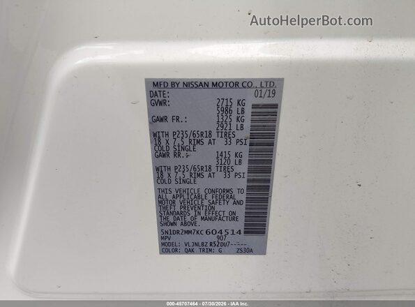 5N1DR2MM7KC604514 2019 NISSAN PATHFINDER White Вид підкапотного простору