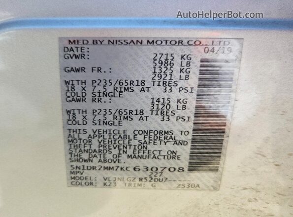 5N1DR2MM7KC630708 2019 NISSAN PATHFINDER Silver Вид наклейки з VIN-кодом