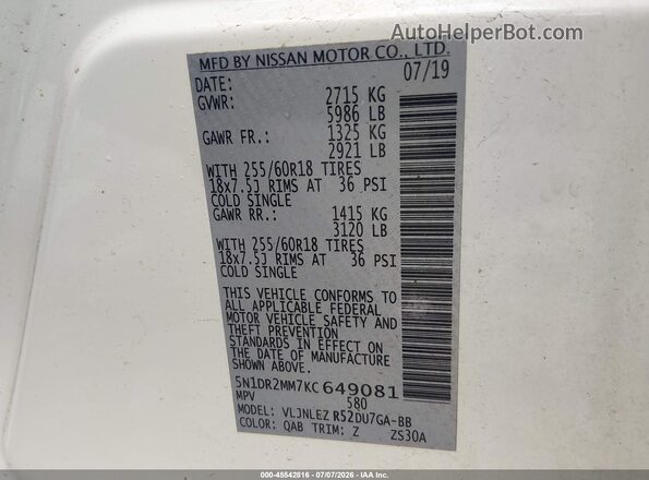 5N1DR2MM7KC649081 2019 NISSAN PATHFINDER White Engine compartment view