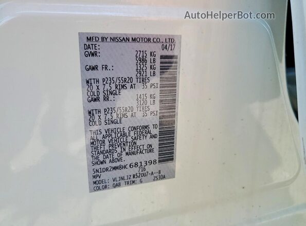5N1DR2MM8HC681398 2017 NISSAN PATHFINDER White VIN կոդի պիտակի տեսք