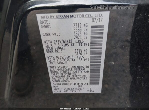 5N1DR2MM8HC906421 2017 NISSAN PATHFINDER Black Вид підкапотного простору