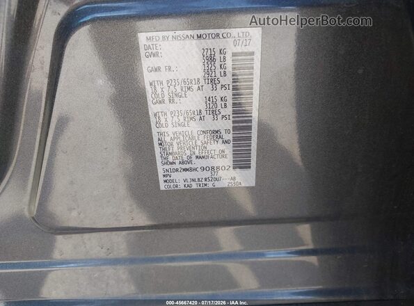 5N1DR2MM8HC908802 2017 NISSAN PATHFINDER Gray Շարժիչի բաժամունքի տեսք