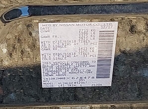 5N1DR2MM8JC628478 2018 NISSAN PATHFINDER Black Vista del compartimento del motor