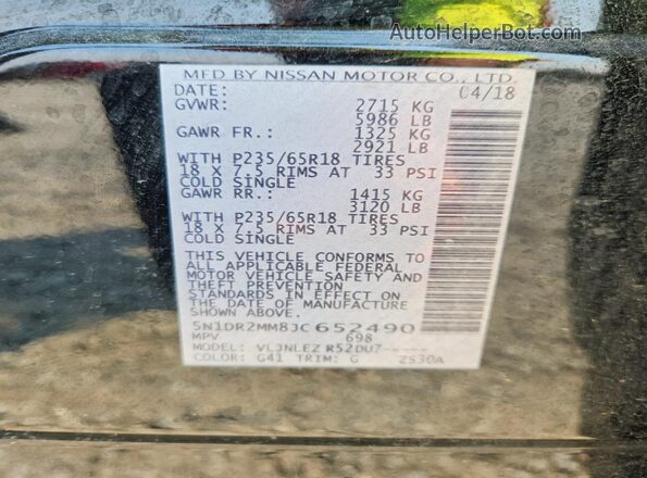 5N1DR2MM8JC652490 2018 NISSAN PATHFINDER Black VIN sticker view