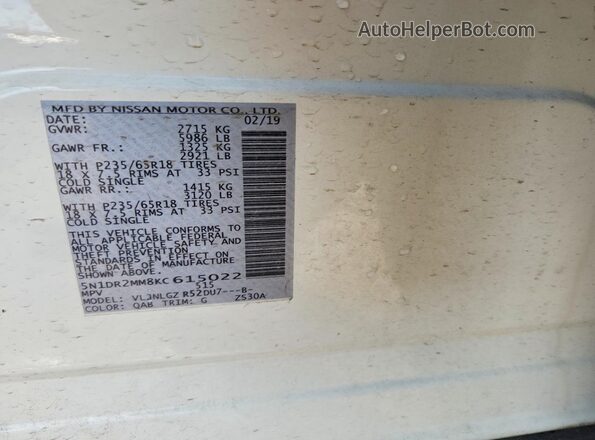 5N1DR2MM8KC615022 2019 NISSAN PATHFINDER White VIN կոդի պիտակի տեսք