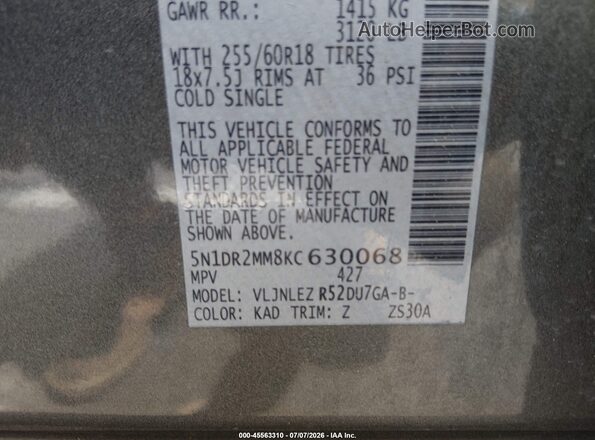 5N1DR2MM8KC630068 2019 NISSAN PATHFINDER Серый Вид подкапотного пространства