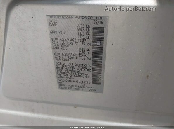 5N1DR2MM9HC614227 2017 NISSAN PATHFINDER Silver Вид наклейки з VIN-кодом