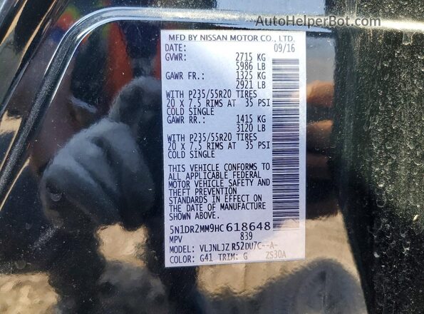 5N1DR2MM9HC618648 2017 NISSAN PATHFINDER Black Vista de la etiqueta del VIN