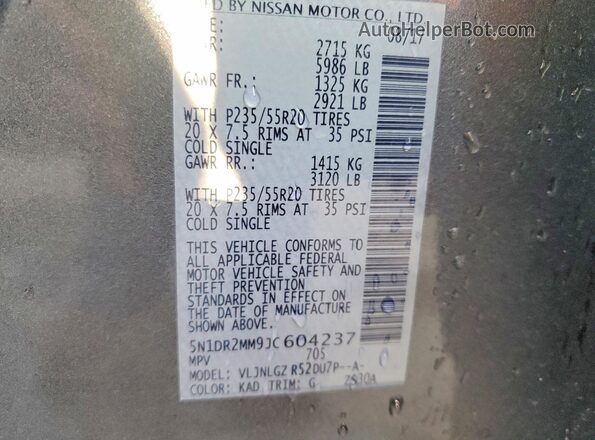 5N1DR2MM9JC604237 2018 NISSAN PATHFINDER Gray VIN კოდის სტიკერის ხედი