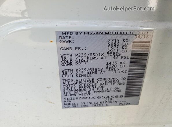 5N1DR2MM9JC654569 2018 NISSAN PATHFINDER White Vista de la etiqueta del VIN