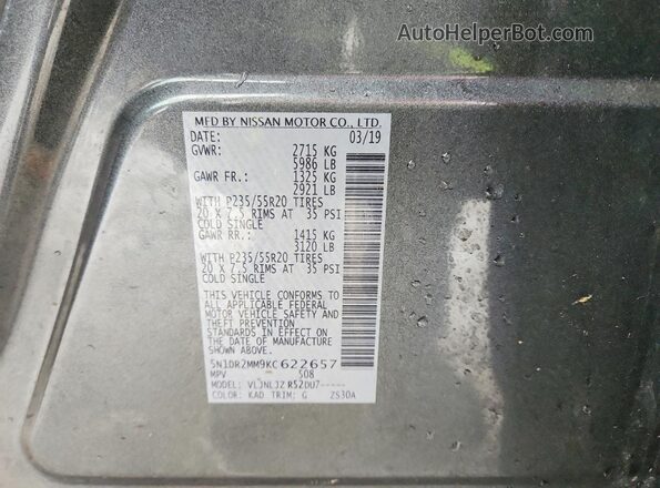 5N1DR2MM9KC622657 2019 NISSAN PATHFINDER Gray VIN կոդի պիտակի տեսք
