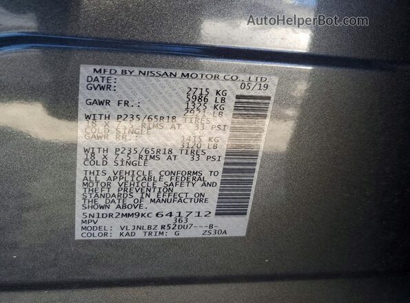 5N1DR2MM9KC641712 2019 NISSAN PATHFINDER Gray Vista de la etiqueta del VIN