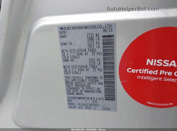5N1DR2MM9KC645145 2019 NISSAN PATHFINDER Silver Widok komory silnika