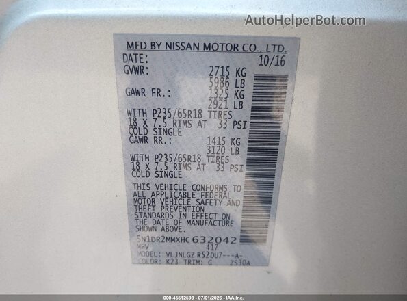 5N1DR2MMXHC632042 2017 NISSAN PATHFINDER Silver Vista del compartimento del motor