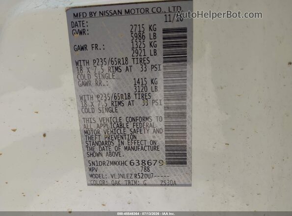 5N1DR2MMXHC638679 2017 NISSAN PATHFINDER White Вид підкапотного простору