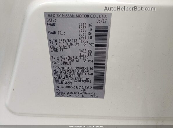 5N1DR2MMXHC671567 2017 NISSAN PATHFINDER White Vista del compartimento del motor