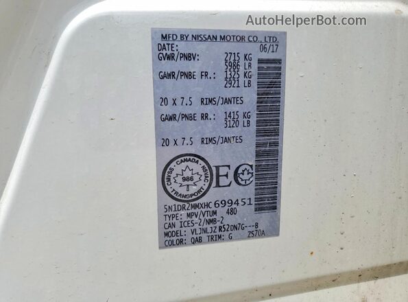 5N1DR2MMXHC699451 2017 NISSAN PATHFINDER White VIN կոդի պիտակի տեսք
