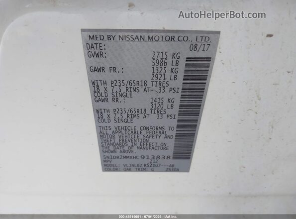5N1DR2MMXHC913838 2017 NISSAN PATHFINDER White Вид підкапотного простору