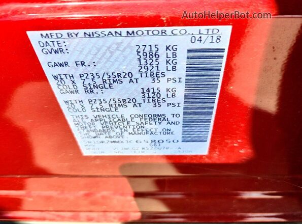 5N1DR2MMXJC658050 2018 NISSAN PATHFINDER Red VIN კოდის სტიკერის ხედი