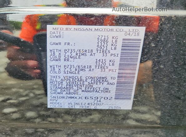 5N1DR2MMXJC659702 2018 NISSAN PATHFINDER Black Widok naklejki z numerem VIN