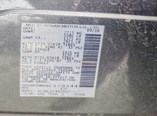 5N1DR2MMXKC579544 2019 NISSAN PATHFINDER Gray Engine compartment view