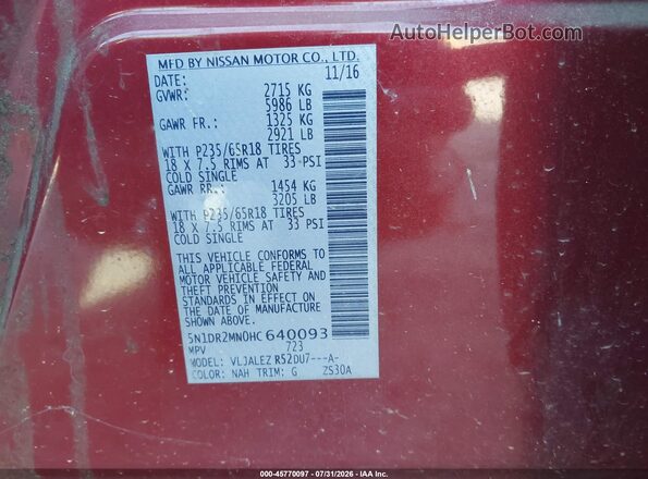 5N1DR2MN0HC640093 2017 NISSAN PATHFINDER Red Widok komory silnika
